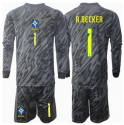 Fotbollsset Barn Brasilien Alisson Becker #1 Målvakt Bortatröja Copa America 2024 Mini-Kit Långärmad (+ korta byxor)