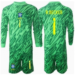 Fotbollsset Barn Brasilien Alisson Becker #1 Målvakt Hemmatröja Copa America 2024 Mini-Kit Långärmad (+ korta byxor)