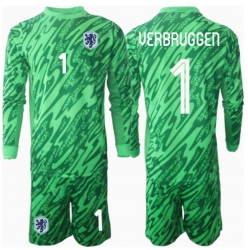 Fotbollsset Barn Nederländerna Bart Verbruggen #1 Målvakt Hemmatröja EM 2024 Mini-Kit Långärmad (+ korta byxor)